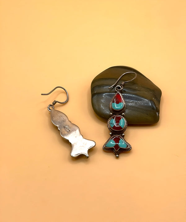 Sterling Silver Gemstone Coral and Turquoise Tibetan Inlay Earrings