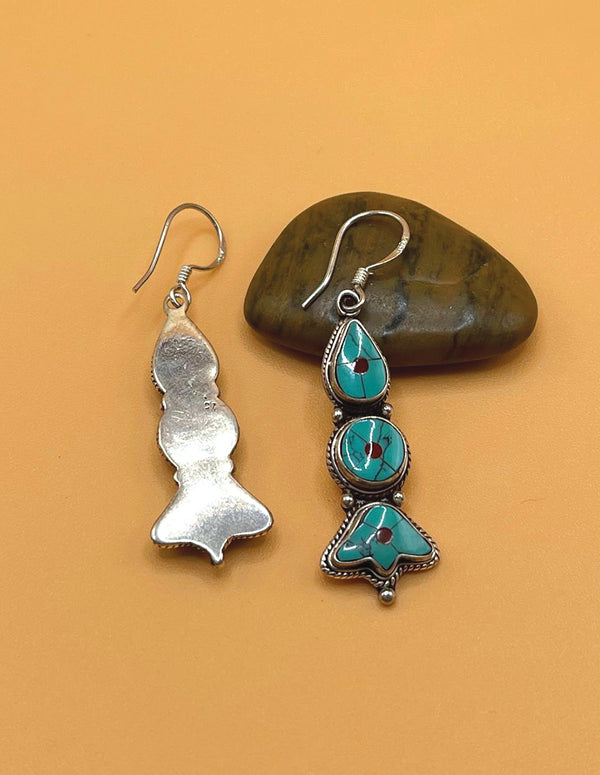 Sterling Silver Gemstone Turquoise Tibetan Inlay Earrings