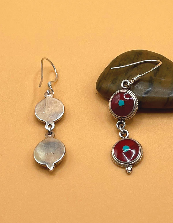 Sterling Silver Gemstone Coral Tibetan Round Earrings