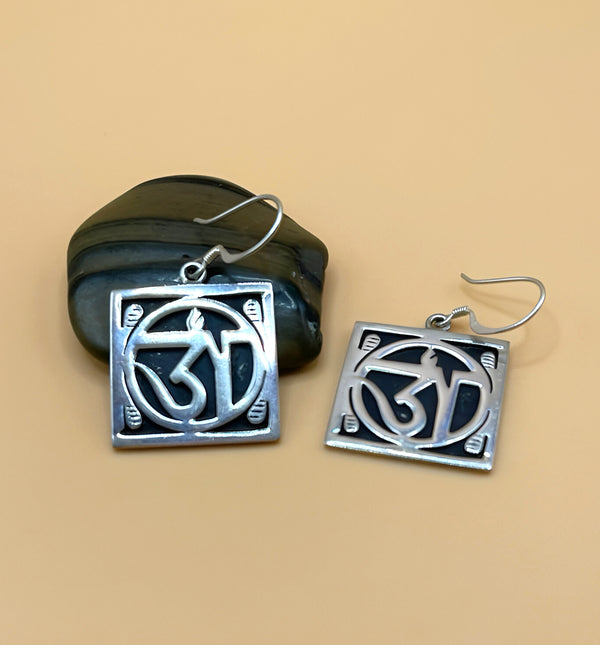 Sterling Silver Tibetan Om Square Earrings