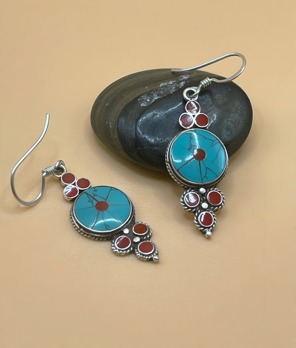 Sterling Silver Gemstone Tibetan Round Inlay Earrings