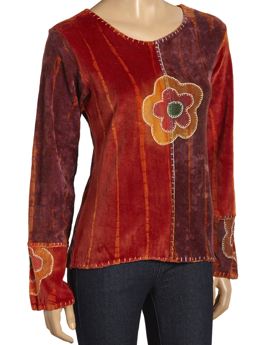 Flower Embroidery Velvet Full Sleeve Top