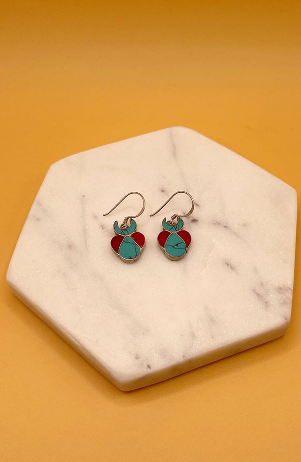 Sterling Silver Gemstone Turquoise and Coral Tibetan Earrings