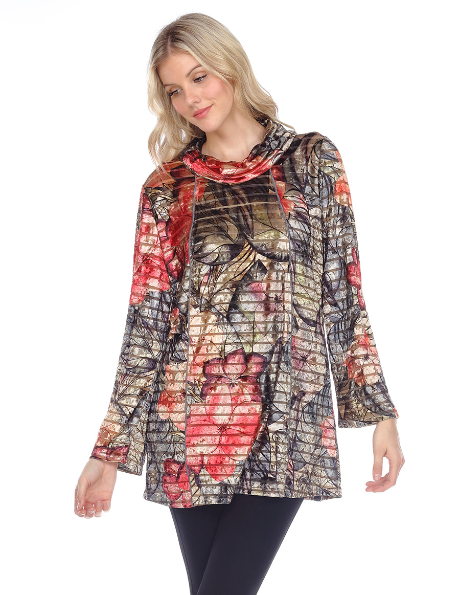 Palila Velvet Floral Print Cowl Neck Tunic