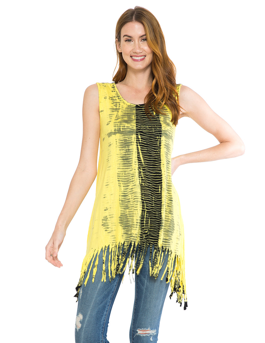 Fringed Sleeveless Canary Tie Dye Tunic