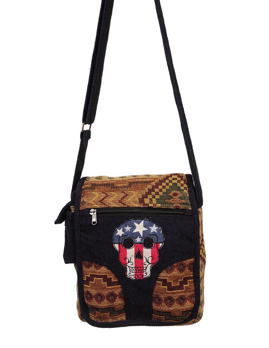 Borsa Shopper In Cotone Tribal T-Shirts Skull Garden - Tracolla Nera Con Teschi, 42x38 Cm, Ecologica