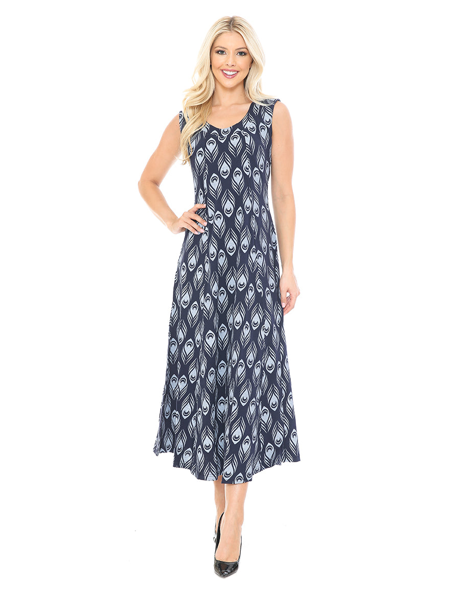 Cotton Maxi Peacock Feather Dress XXL / As Shown Cotton Maxi Peacock Feather Dress XXL / As Shown