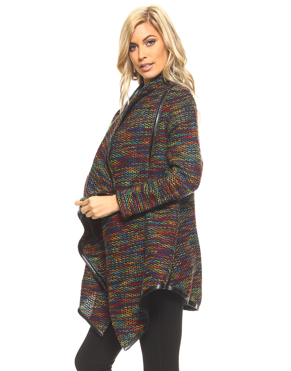 Multi Color Faux Leather Trim Cardigan