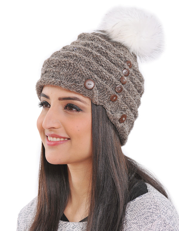 Button Details Wool & Faux Fur Pom Beanie