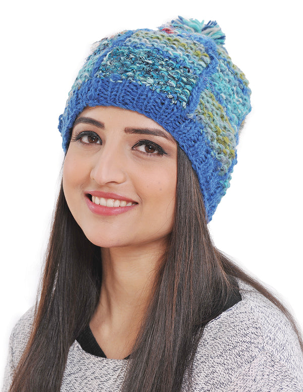 Windowpane Knit Wool & Silk Pom Beanie