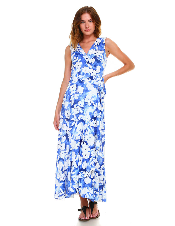 Tie Dye Effect Floral Wrap Maxi Dress