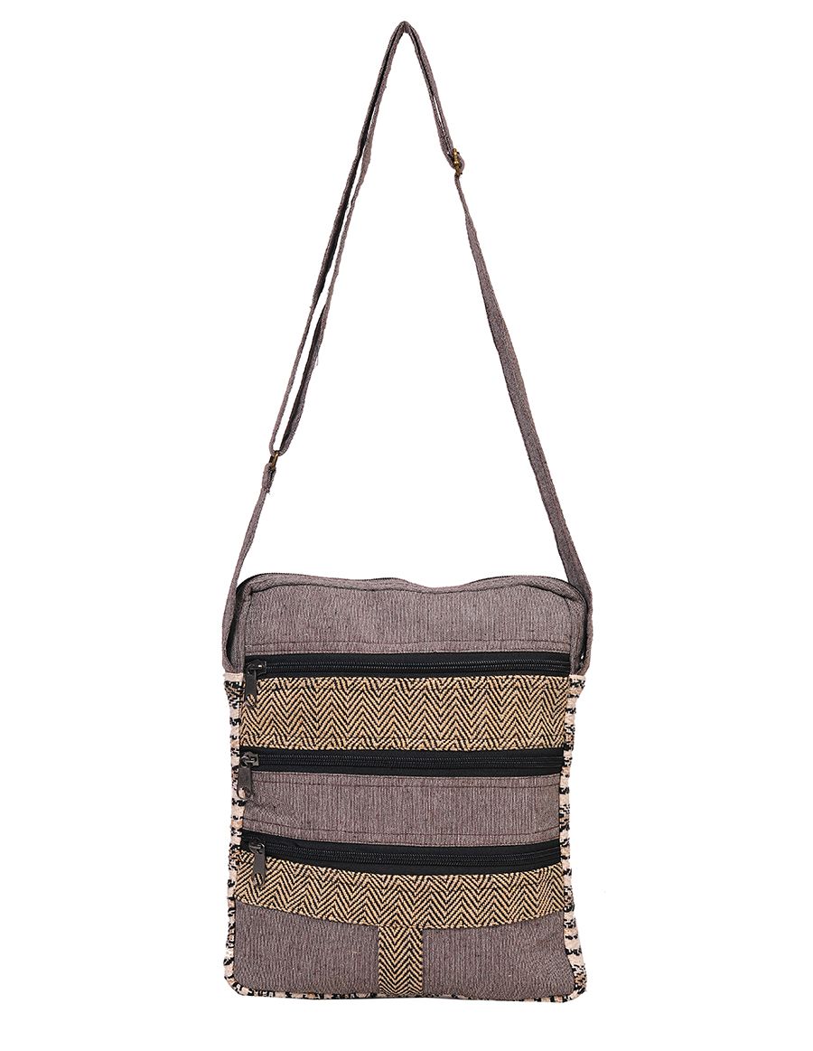 Three Zip Brown Cotton and Hemp Messenger Bag