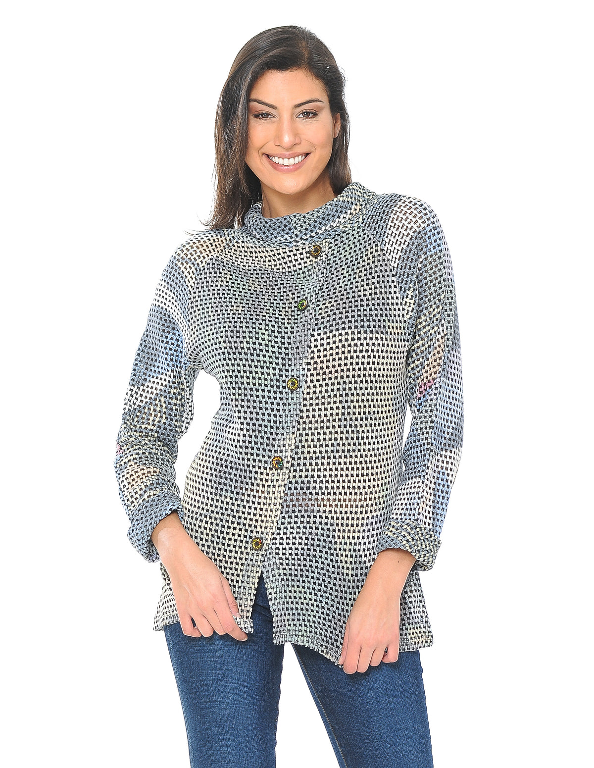 Sky Button Detail Textured Full Sleeve Top