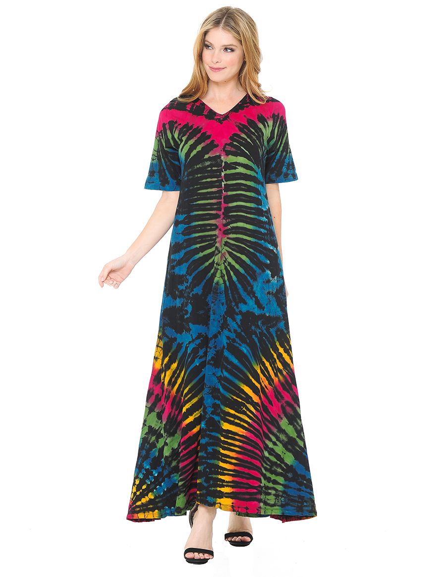 Half Sleeve Cotton Tie Dye Maxi Dress