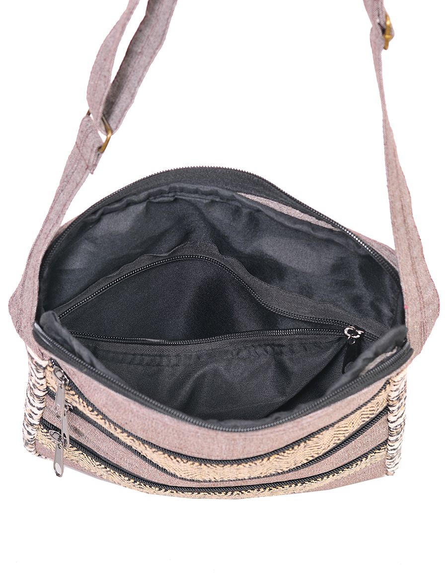 Three Zip Brown Cotton and Hemp Messenger Bag